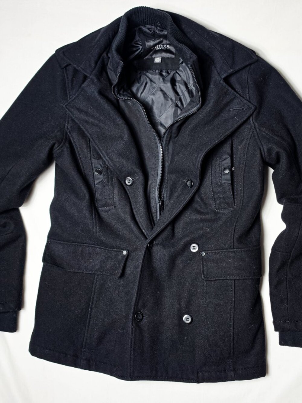 GUESS small mens wool blend peacoat Jacket with zip bib layered moto style